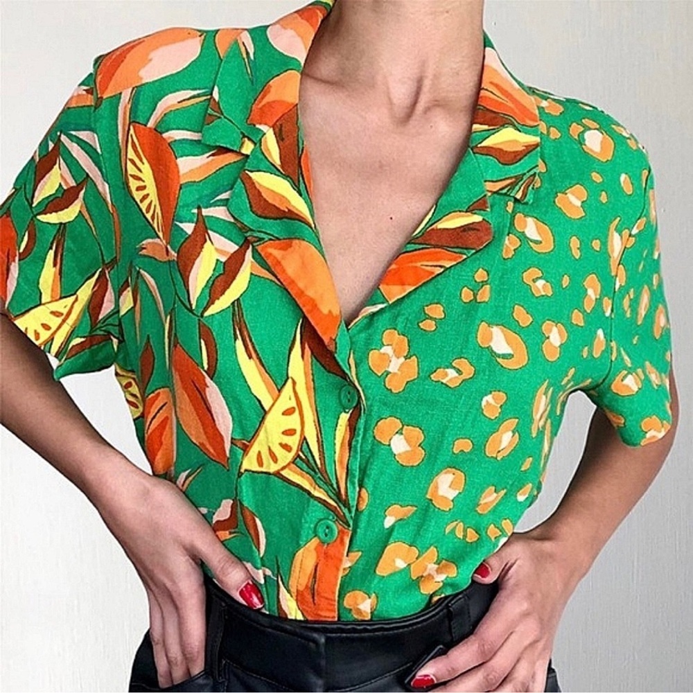 Tabitha Brown Button Up Top/Shorts 2 Piece Set Size Small Linen Leopard Orange